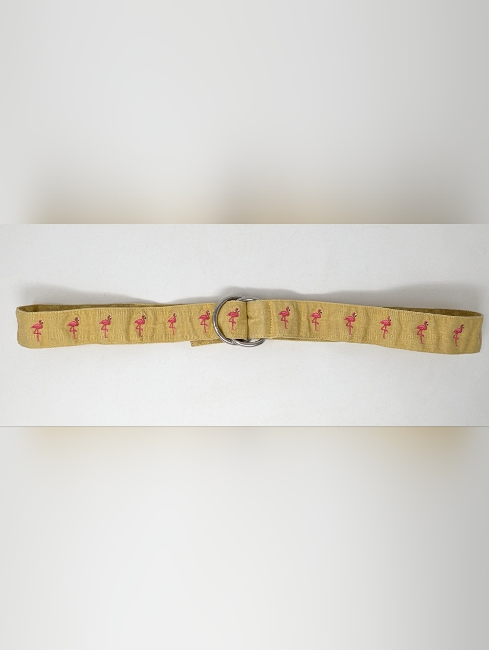 J. Crew Yellow Canvas Denim Belt with Pink Embroidered Flamingos M/L - Picture 2 of 5